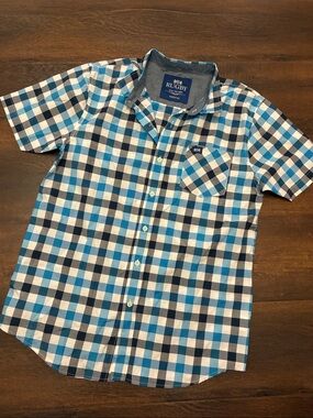NEW RUGBY Men's Blue & White Check Short-Sleeve Shirt PREPPY SZ M BUTTON DOWN